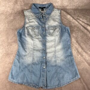Vtg Y2K Forever 21 Denim Sleeveless Shirt Top Sm Embroidered Pearl Snaps Western